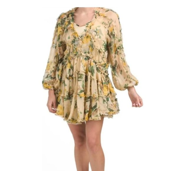 O.P.T. Chiffon Sandy Long Sleeve Floral Ruffle Mini Dress with Liner Size XL - Picture 1 of 9